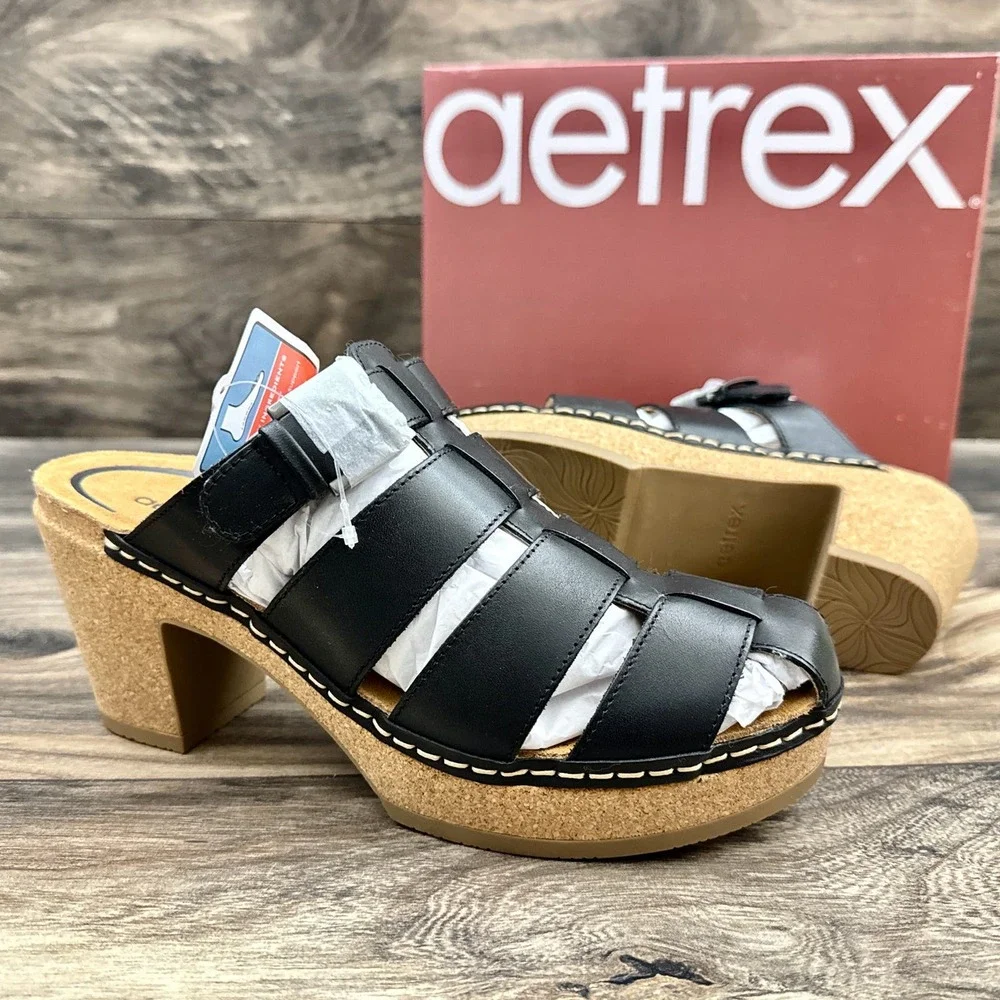NIB Aetrex Cally 39 8.5 Black Leather Slip On Fisherman Heels Clog Sandals - Picture 2 of 12